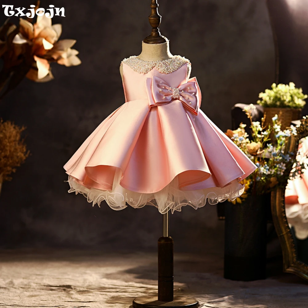 2026 Glitter Pearls Sleeveless Satin Princess Gown Cute Graceful Pink Bow Girls Dresses For School Performance Catwalk Show