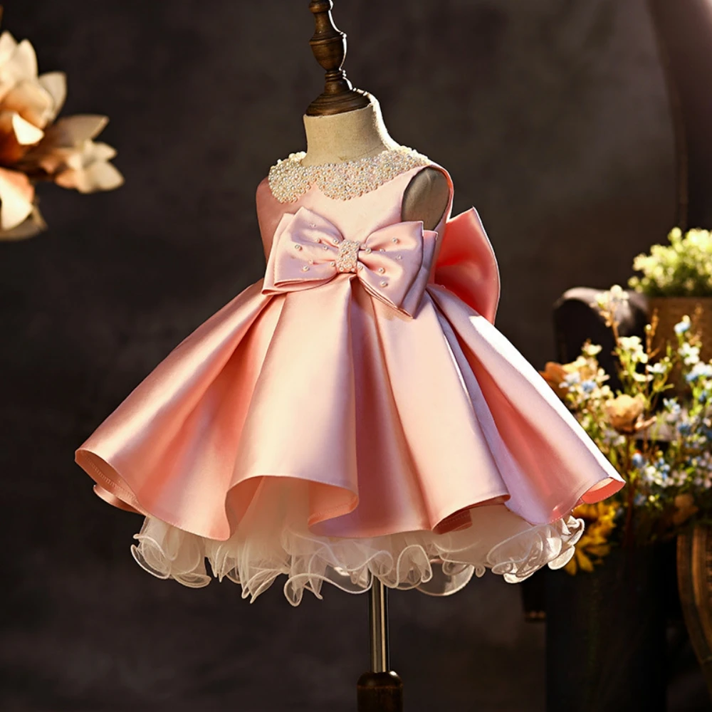 2026 Glitter Pearls Sleeveless Satin Princess Gown Cute Graceful Pink Bow Girls Dresses For School Performance Catwalk Show