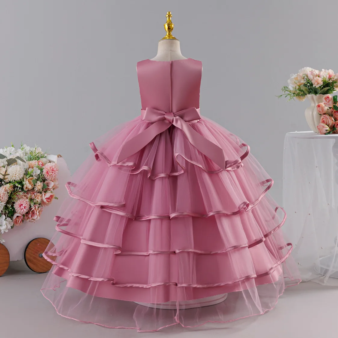 Girls' chiffon retro princess dress 4-12 years old flower embroidery long dress banquet host fashion high-end performance dress