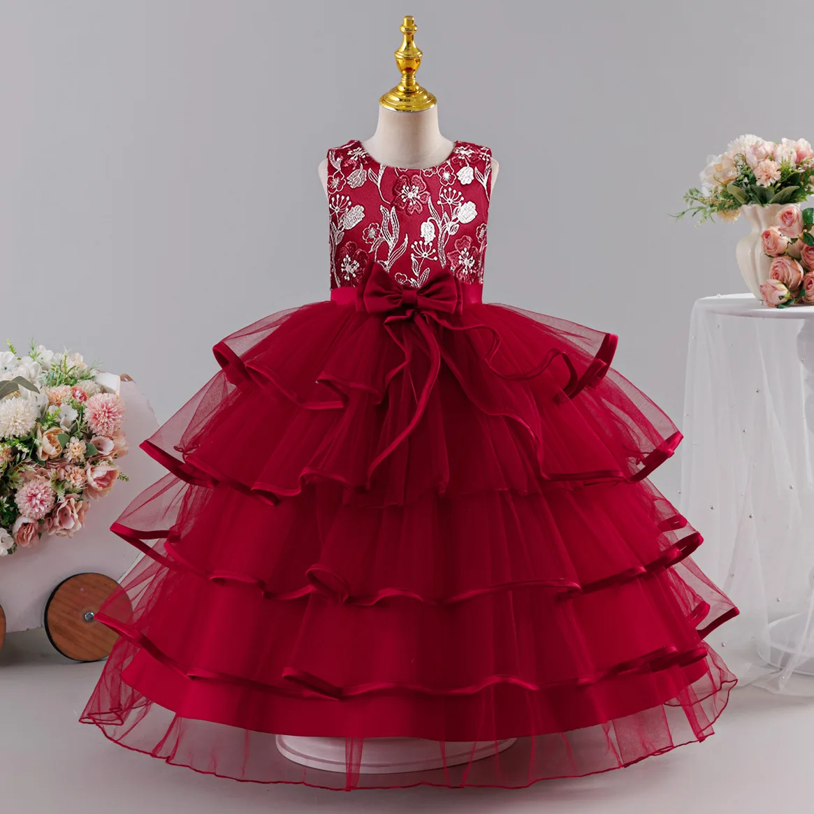 Girls' chiffon retro princess dress 4-12 years old flower embroidery long dress banquet host fashion high-end performance dress
