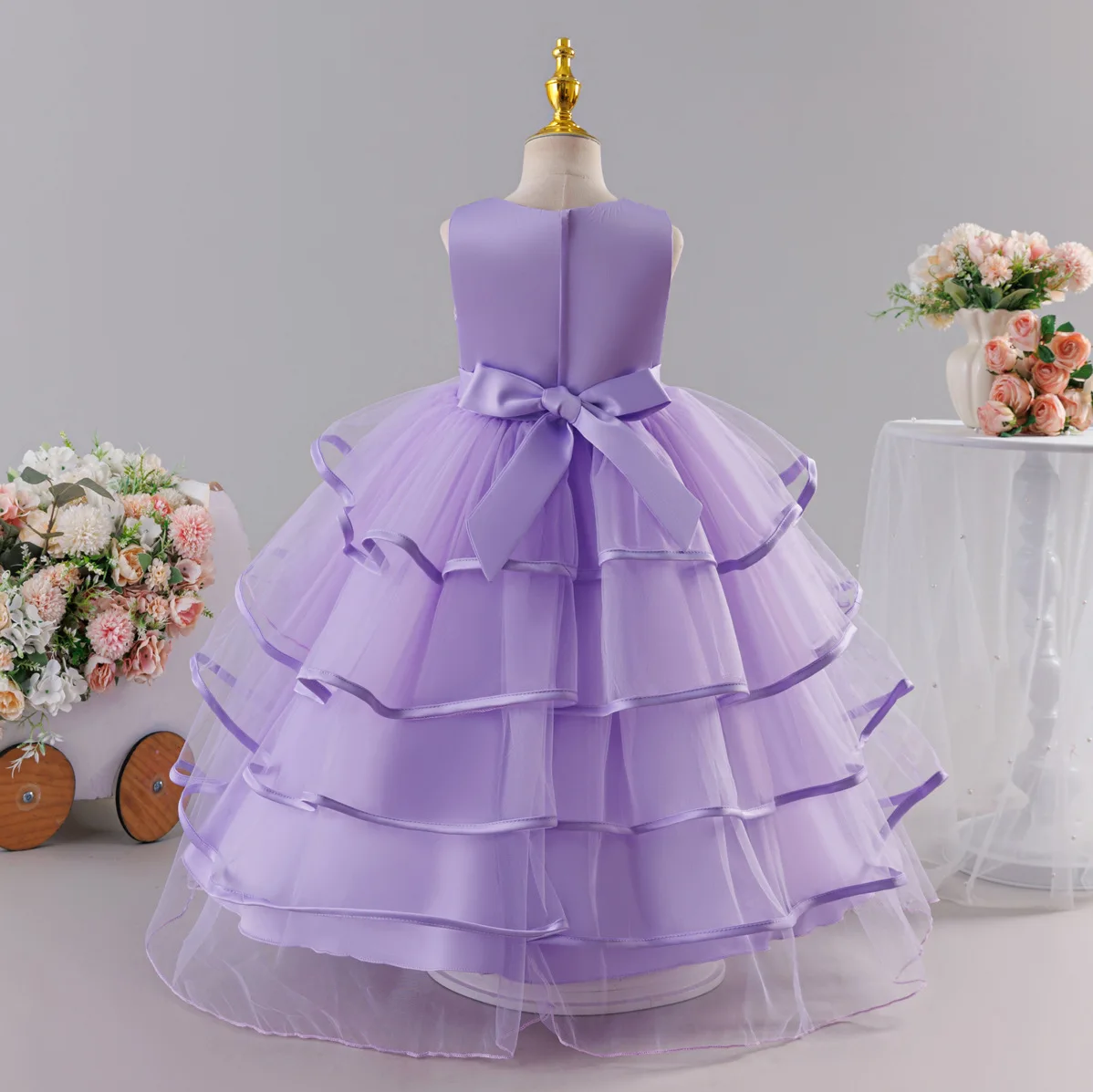 Girls' chiffon retro princess dress 4-12 years old flower embroidery long dress banquet host fashion high-end performance dress