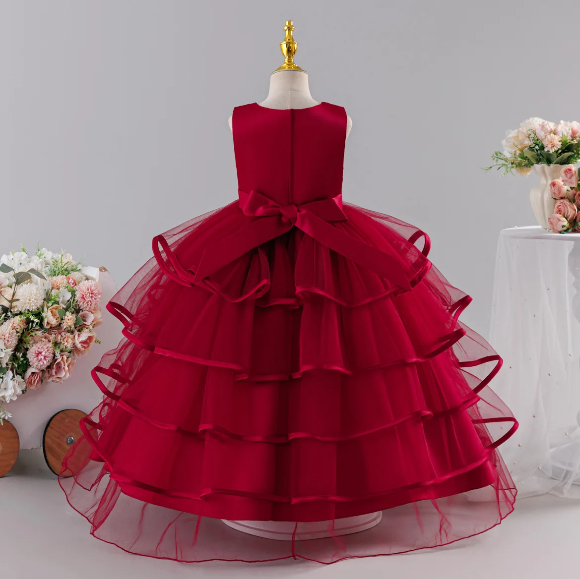 Girls' chiffon retro princess dress 4-12 years old flower embroidery long dress banquet host fashion high-end performance dress