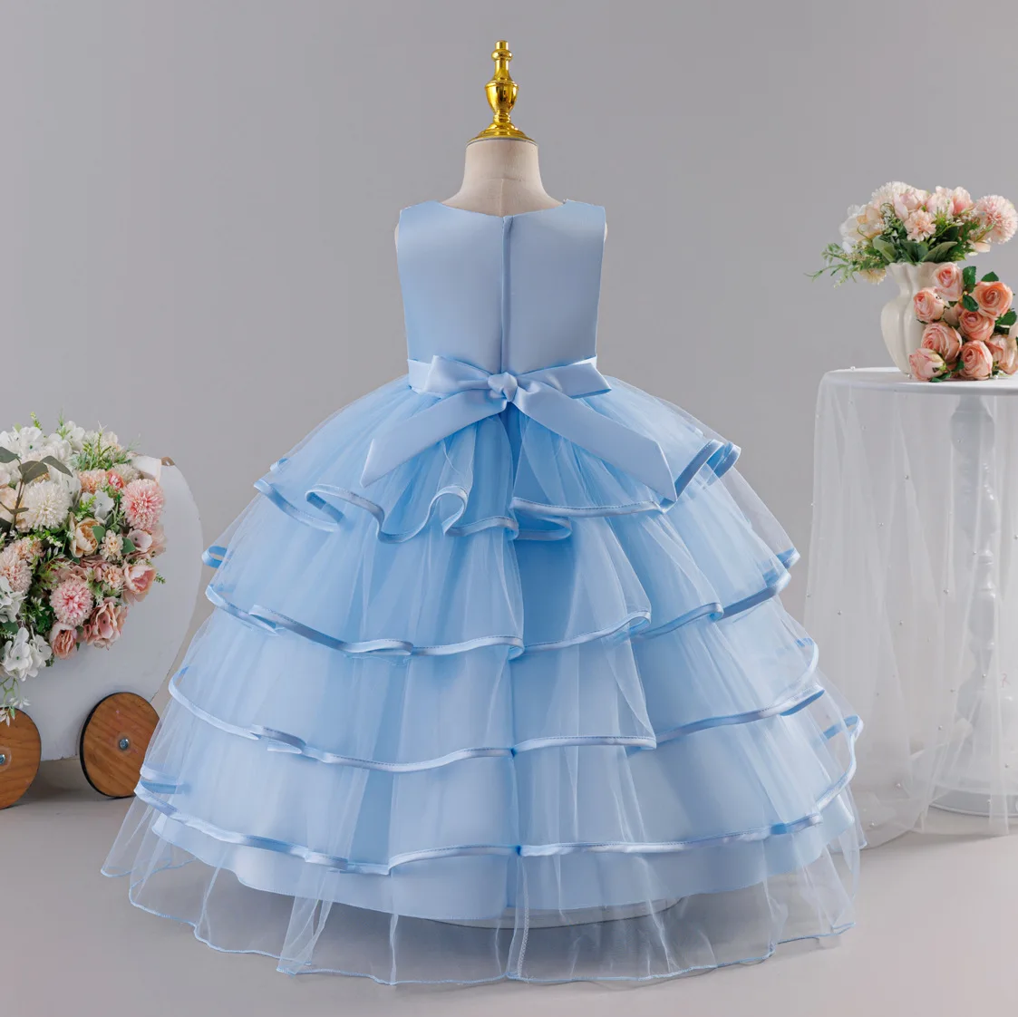 Girls' chiffon retro princess dress 4-12 years old flower embroidery long dress banquet host fashion high-end performance dress