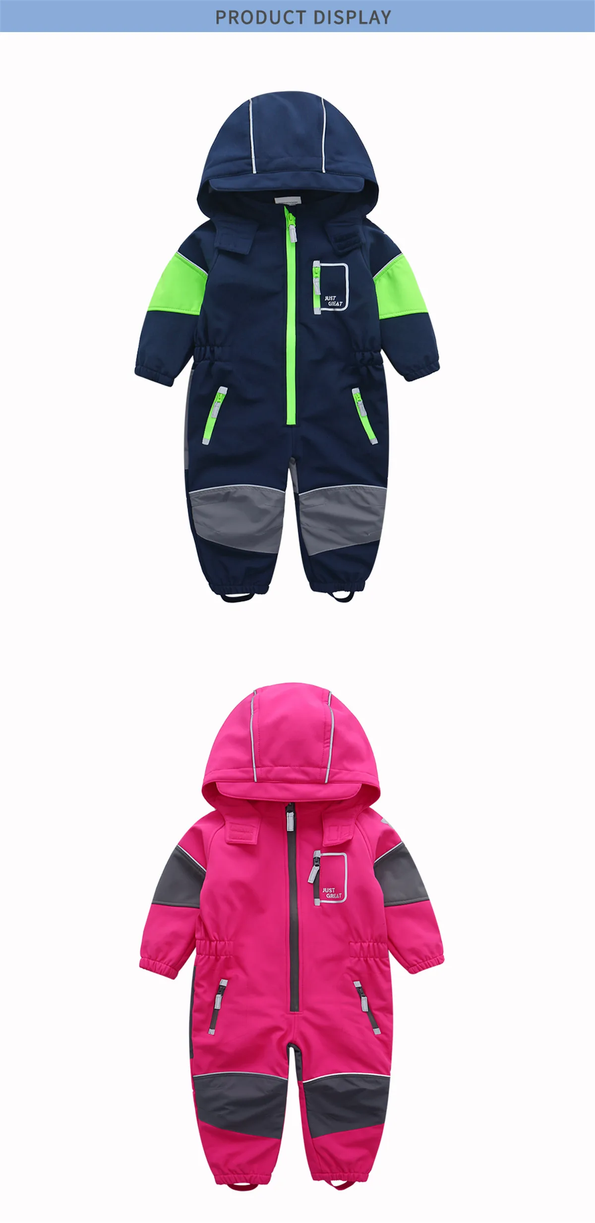 HONEYKING Children's Softshell Overalls Outdoor Hooded Coveralls Baby Rompers Windproof Waterproof Jumpsuit Kids Warm Jumpsuit