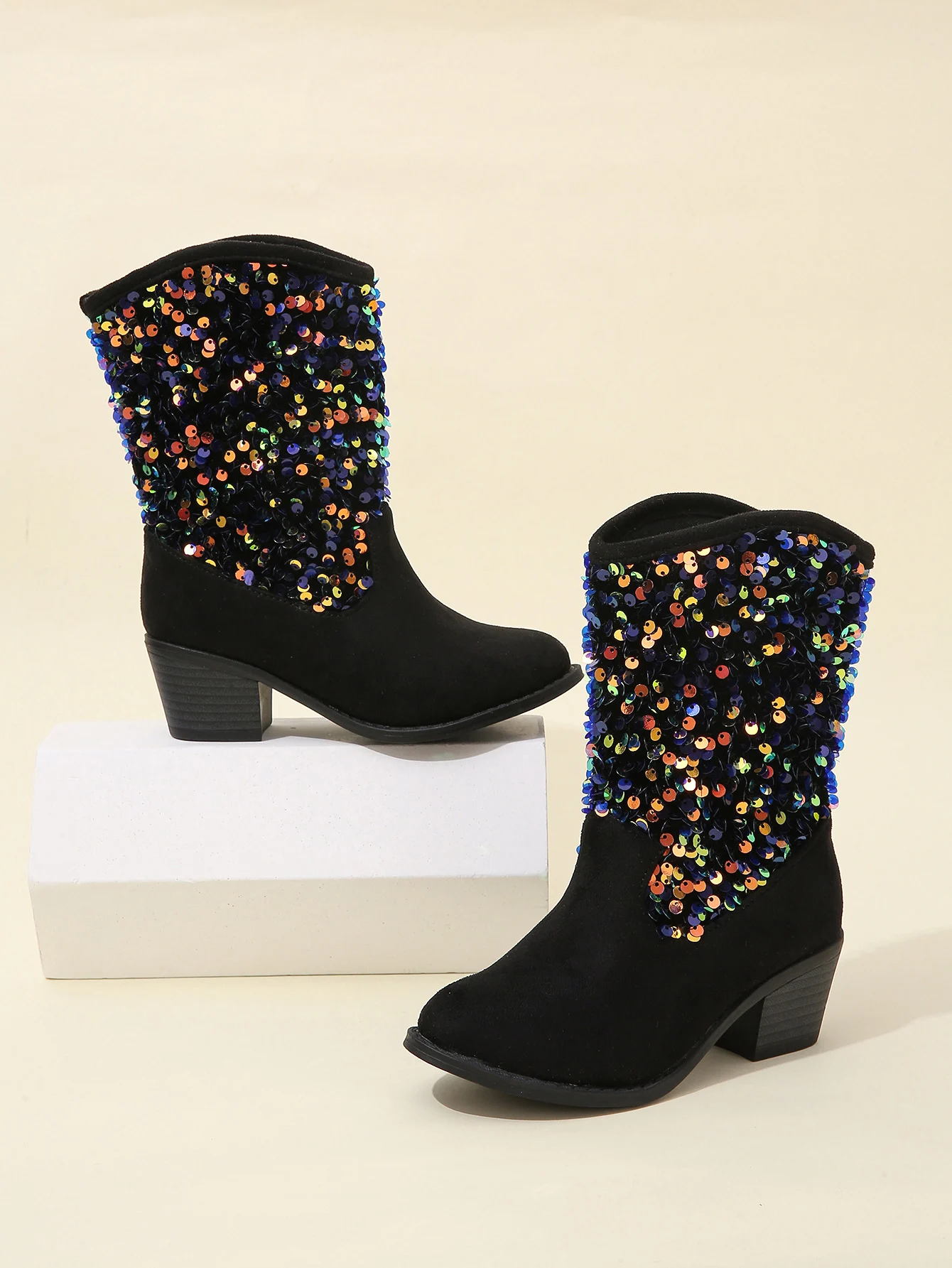 New Girls Boots Sequined Elegant Unique Low Heels Children Fashion Casual Princess Boots Solid Color Kids Slip-on Breatheable