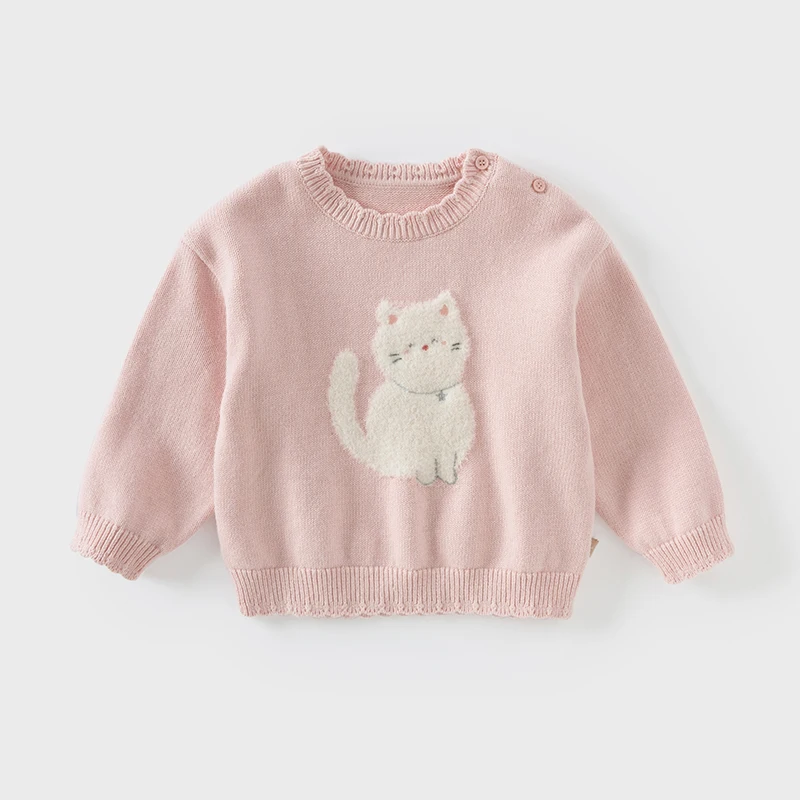 Dave Bella 2024 New Autumn Winter Girls Baby Cute Knitted Sweater Pullover Cartoon Cat Pink Children's Knitwear Top DB4242663