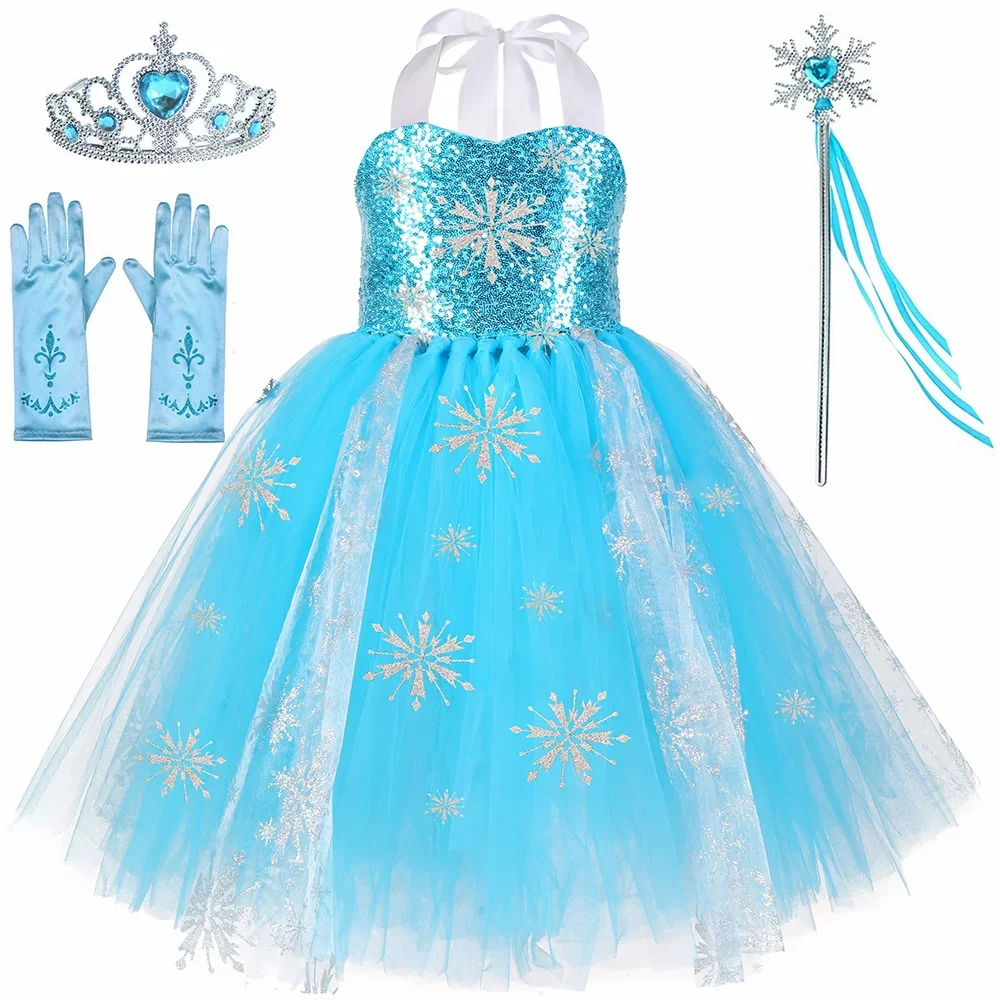 Sequins Princess Costume for Girls Sky Blue Tulle Tutu Dress Mid-Calf Snowflake Kids Halloween Birthday Carnival Party Dress Up