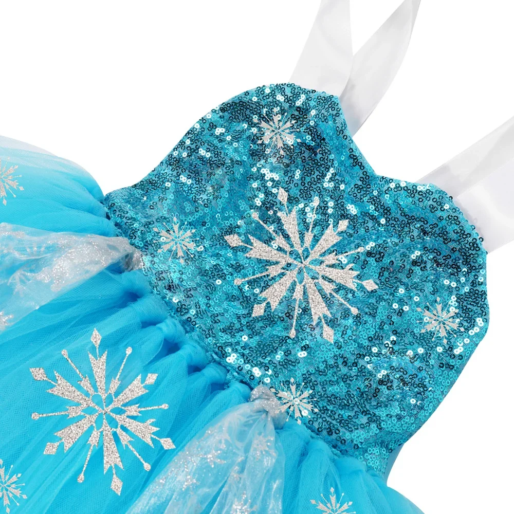 Sequins Princess Costume for Girls Sky Blue Tulle Tutu Dress Mid-Calf Snowflake Kids Halloween Birthday Carnival Party Dress Up
