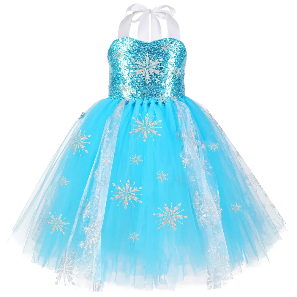 Sequins Princess Costume for Girls Sky Blue Tulle Tutu Dress Mid-Calf Snowflake Kids Halloween Birthday Carnival Party Dress Up