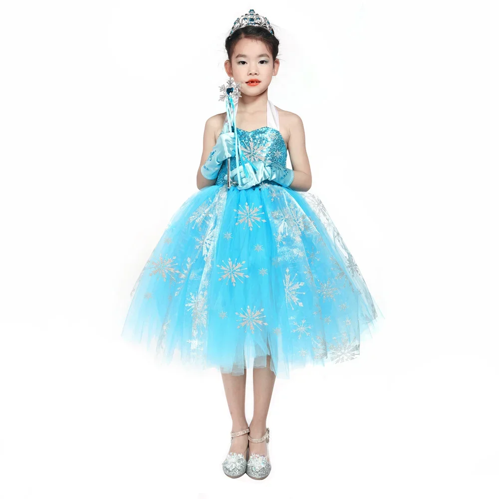 Sequins Princess Costume for Girls Sky Blue Tulle Tutu Dress Mid-Calf Snowflake Kids Halloween Birthday Carnival Party Dress Up