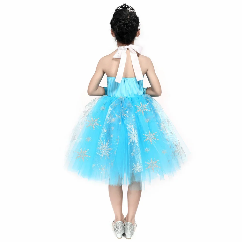 Sequins Princess Costume for Girls Sky Blue Tulle Tutu Dress Mid-Calf Snowflake Kids Halloween Birthday Carnival Party Dress Up