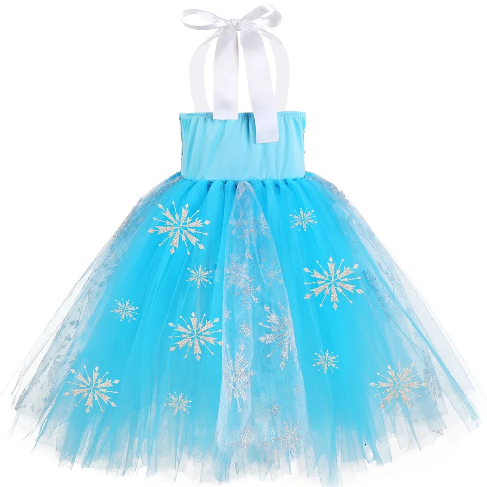 Sequins Princess Costume for Girls Sky Blue Tulle Tutu Dress Mid-Calf Snowflake Kids Halloween Birthday Carnival Party Dress Up