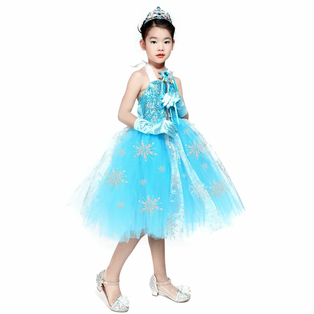 Sequins Princess Costume for Girls Sky Blue Tulle Tutu Dress Mid-Calf Snowflake Kids Halloween Birthday Carnival Party Dress Up