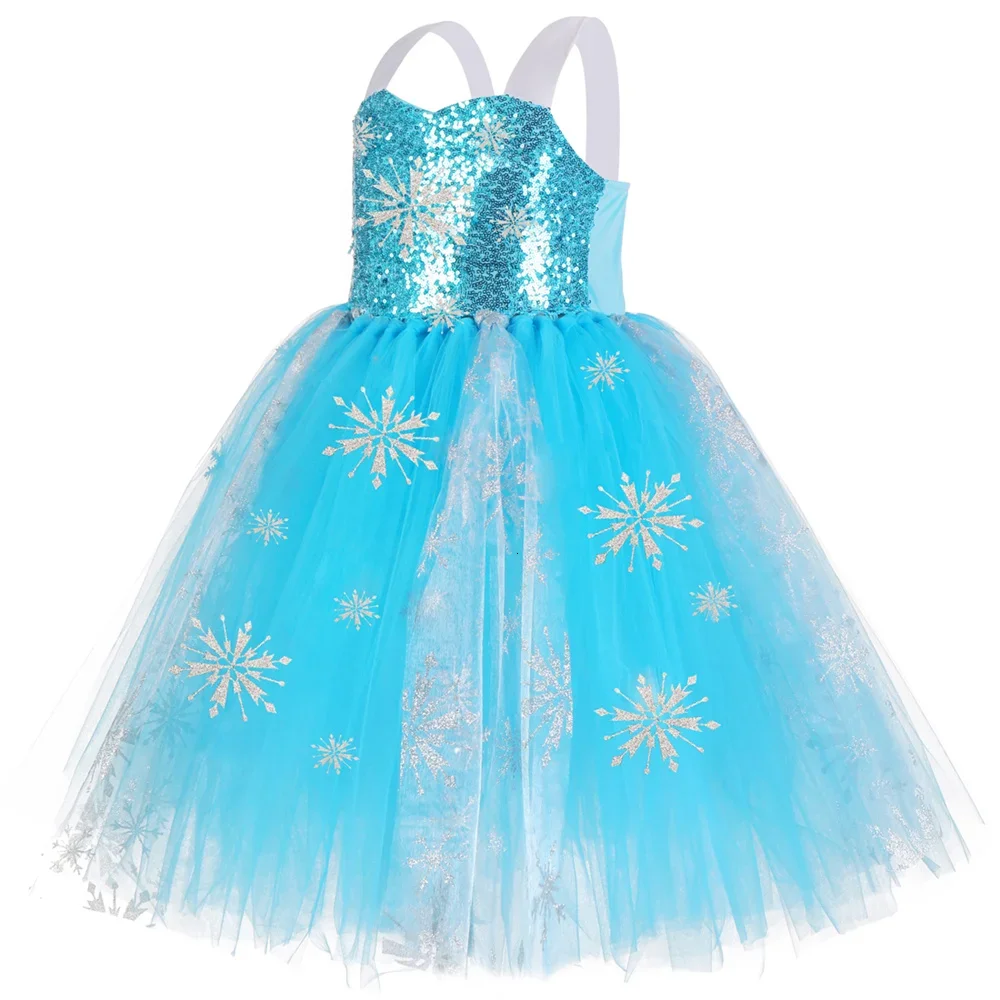 Sequins Princess Costume for Girls Sky Blue Tulle Tutu Dress Mid-Calf Snowflake Kids Halloween Birthday Carnival Party Dress Up