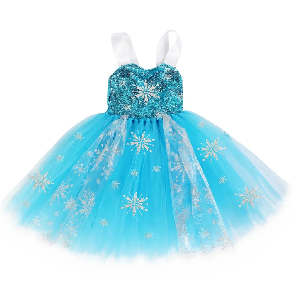 Sequins Princess Costume for Girls Sky Blue Tulle Tutu Dress Mid-Calf Snowflake Kids Halloween Birthday Carnival Party Dress Up