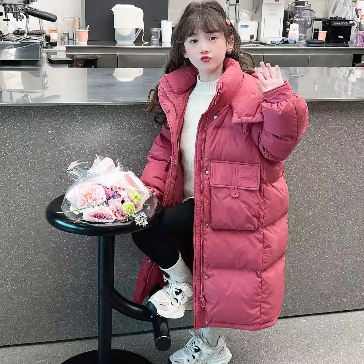 Down Jacket For Girls Winter Thicken Keep Warm Mid Length Cotton-Padded Jacket Girls Winter Clothing Winter Outerwear
