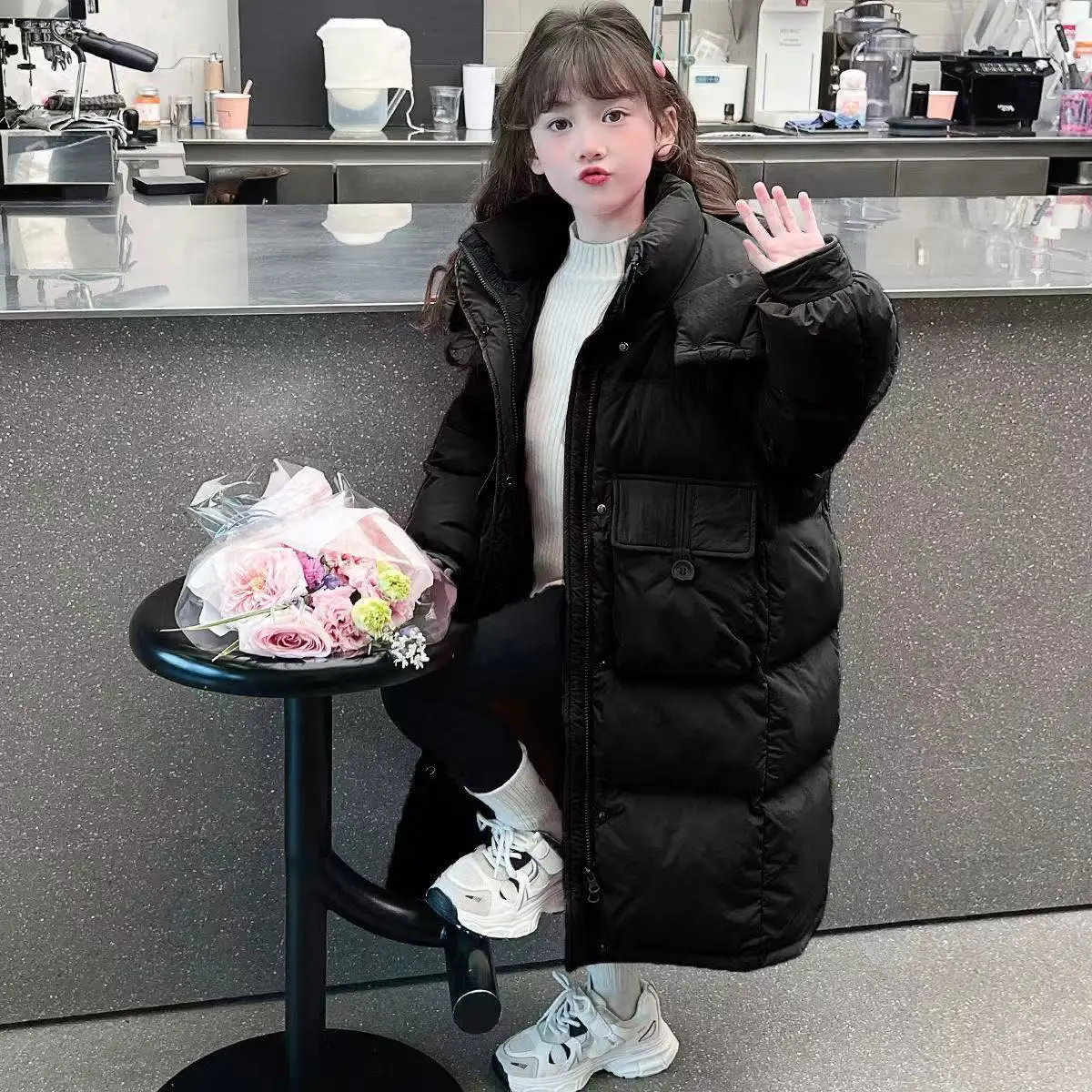 Down Jacket For Girls Winter Thicken Keep Warm Mid Length Cotton-Padded Jacket Girls Winter Clothing Winter Outerwear