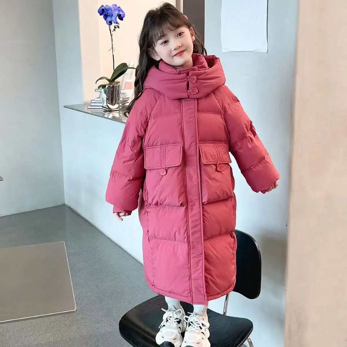 Down Jacket For Girls Winter Thicken Keep Warm Mid Length Cotton-Padded Jacket Girls Winter Clothing Winter Outerwear