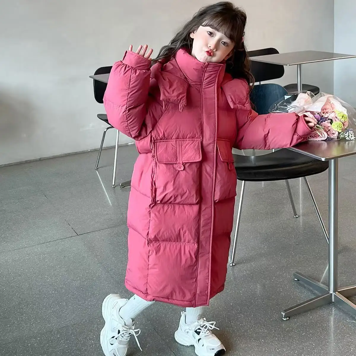 Down Jacket For Girls Winter Thicken Keep Warm Mid Length Cotton-Padded Jacket Girls Winter Clothing Winter Outerwear
