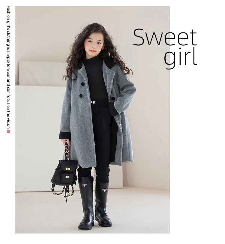 Teens Girls Winter Jacket Preppy Style Navy Mid-length Wool Coat for Kids Thick Warm Casual All-match School Children Outerwear