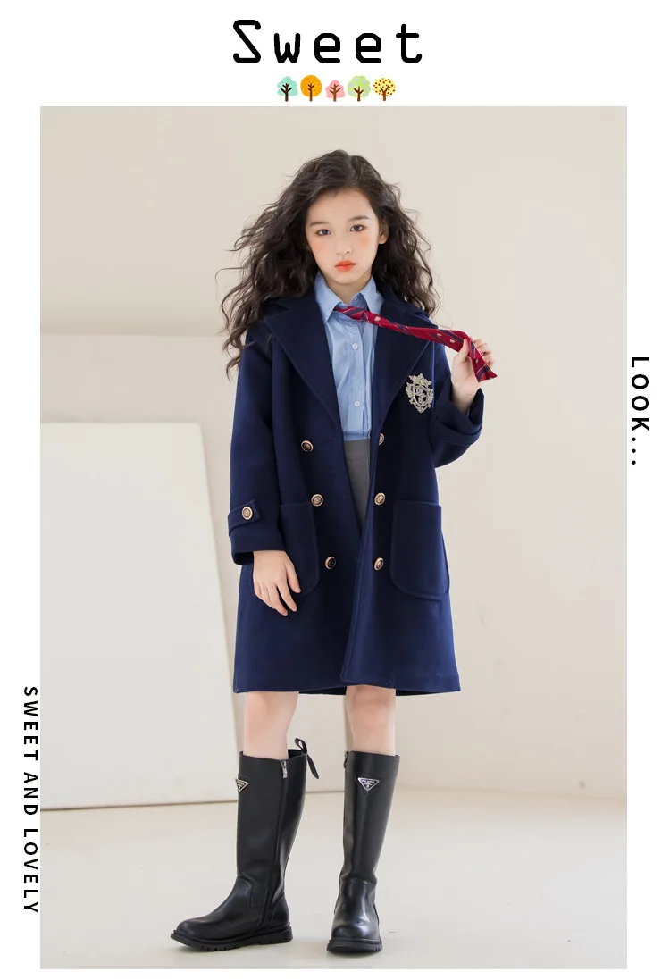 Teens Girls Winter Jacket Preppy Style Navy Mid-length Wool Coat for Kids Thick Warm Casual All-match School Children Outerwear