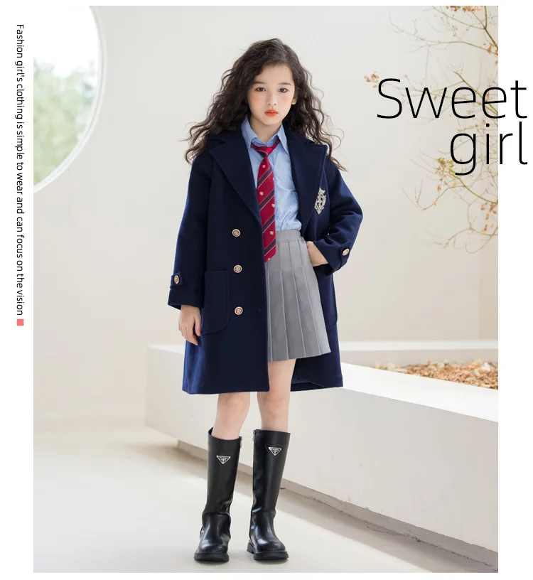 Teens Girls Winter Jacket Preppy Style Navy Mid-length Wool Coat for Kids Thick Warm Casual All-match School Children Outerwear