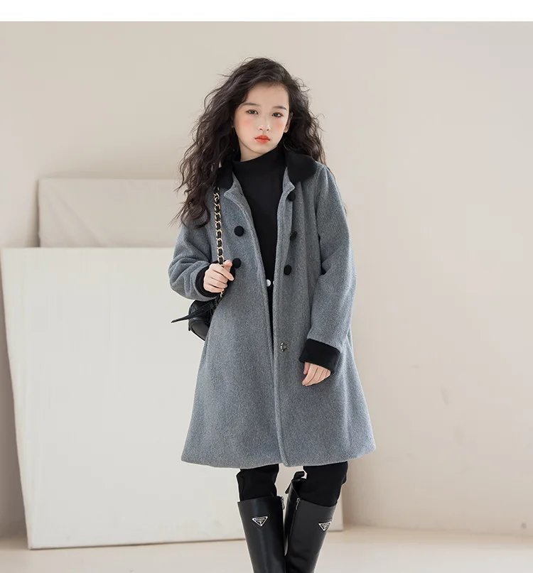Teens Girls Winter Jacket Preppy Style Navy Mid-length Wool Coat for Kids Thick Warm Casual All-match School Children Outerwear