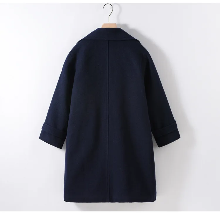 Teens Girls Winter Jacket Preppy Style Navy Mid-length Wool Coat for Kids Thick Warm Casual All-match School Children Outerwear