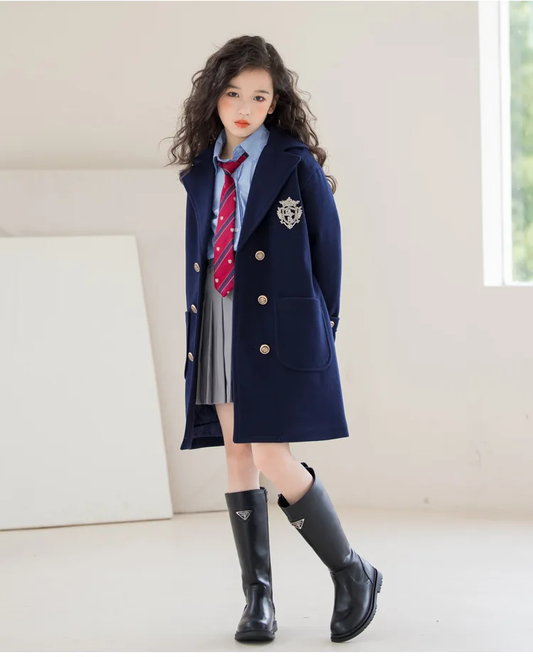Teens Girls Winter Jacket Preppy Style Navy Mid-length Wool Coat for Kids Thick Warm Casual All-match School Children Outerwear