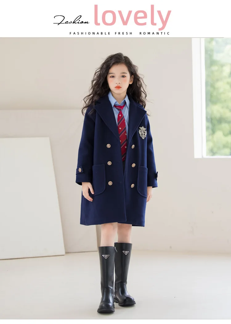 Teens Girls Winter Jacket Preppy Style Navy Mid-length Wool Coat for Kids Thick Warm Casual All-match School Children Outerwear