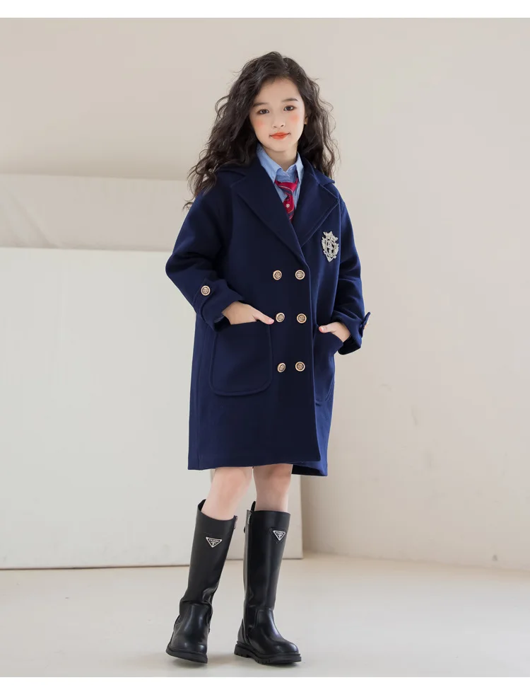Teens Girls Winter Jacket Preppy Style Navy Mid-length Wool Coat for Kids Thick Warm Casual All-match School Children Outerwear