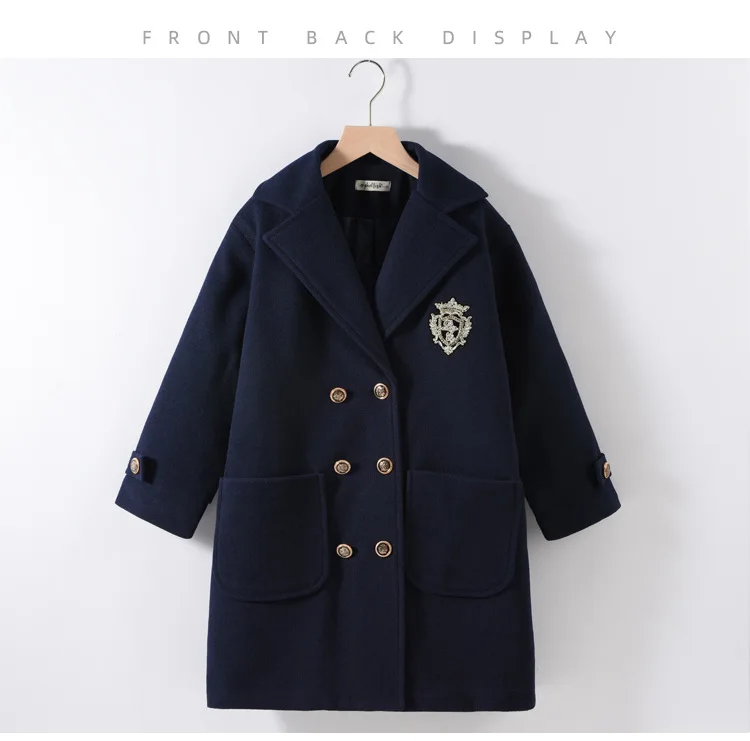 Teens Girls Winter Jacket Preppy Style Navy Mid-length Wool Coat for Kids Thick Warm Casual All-match School Children Outerwear