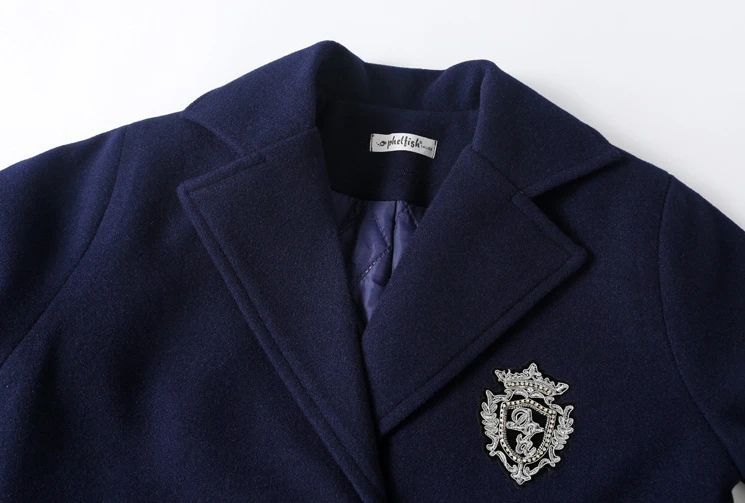 Teens Girls Winter Jacket Preppy Style Navy Mid-length Wool Coat for Kids Thick Warm Casual All-match School Children Outerwear