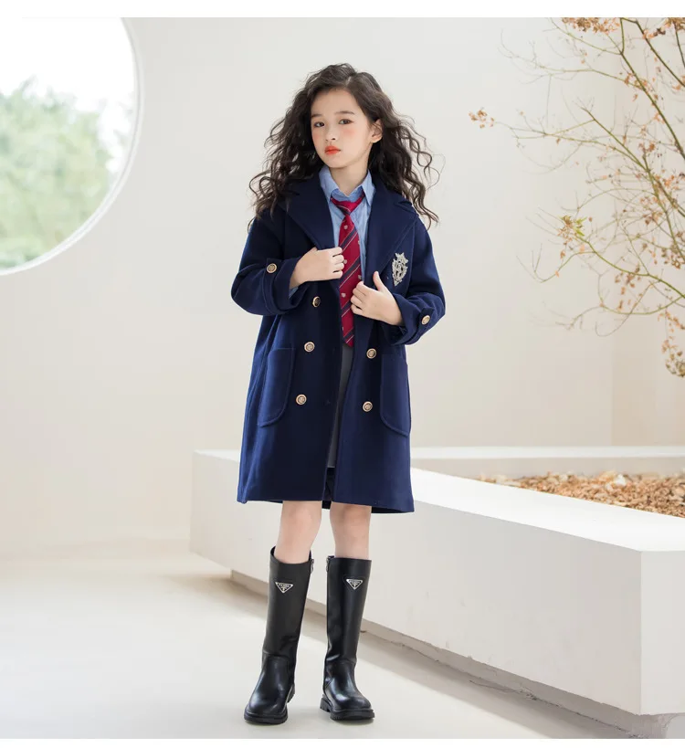 Teens Girls Winter Jacket Preppy Style Navy Mid-length Wool Coat for Kids Thick Warm Casual All-match School Children Outerwear