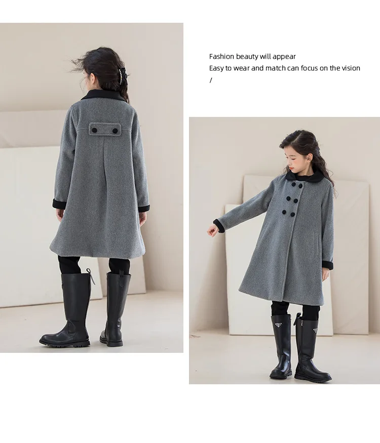 Teens Girls Winter Jacket Preppy Style Navy Mid-length Wool Coat for Kids Thick Warm Casual All-match School Children Outerwear