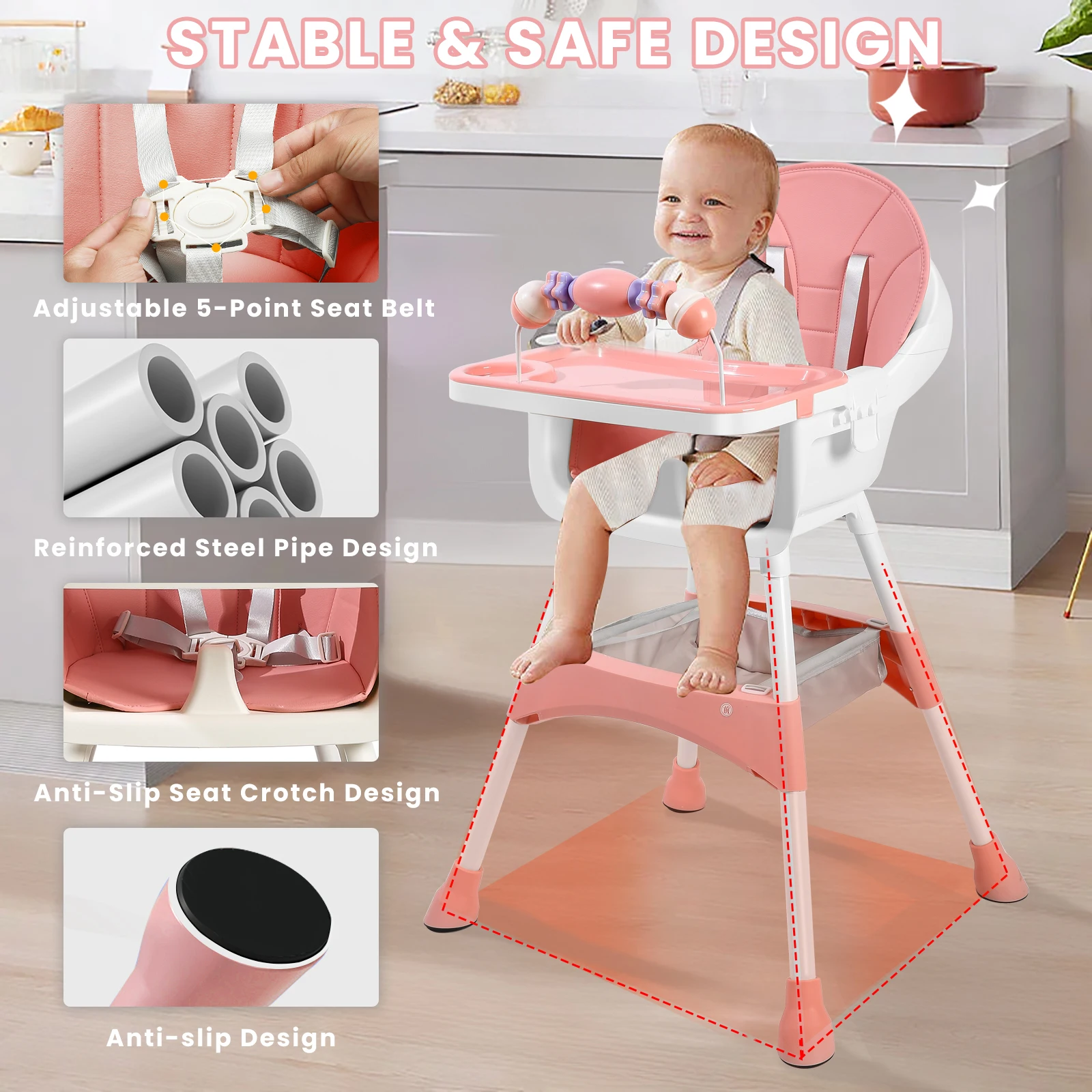 Convertible High Chair for Babies and Toddlers, Foldable, Easy Clean, Padded Seat, Footrest,Tray Cup Holder, 15 kg Max Load