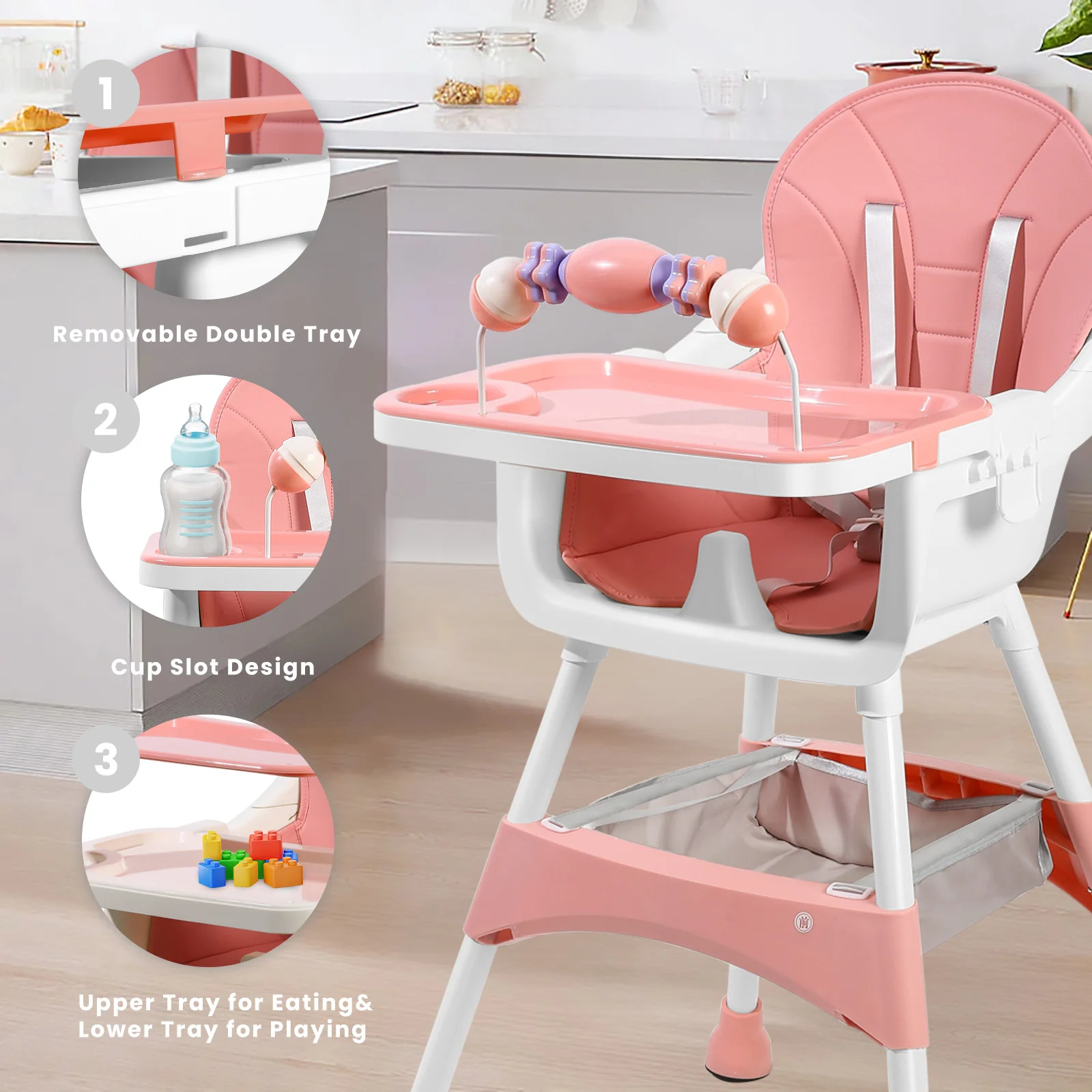 Convertible High Chair for Babies and Toddlers, Foldable, Easy Clean, Padded Seat, Footrest,Tray Cup Holder, 15 kg Max Load