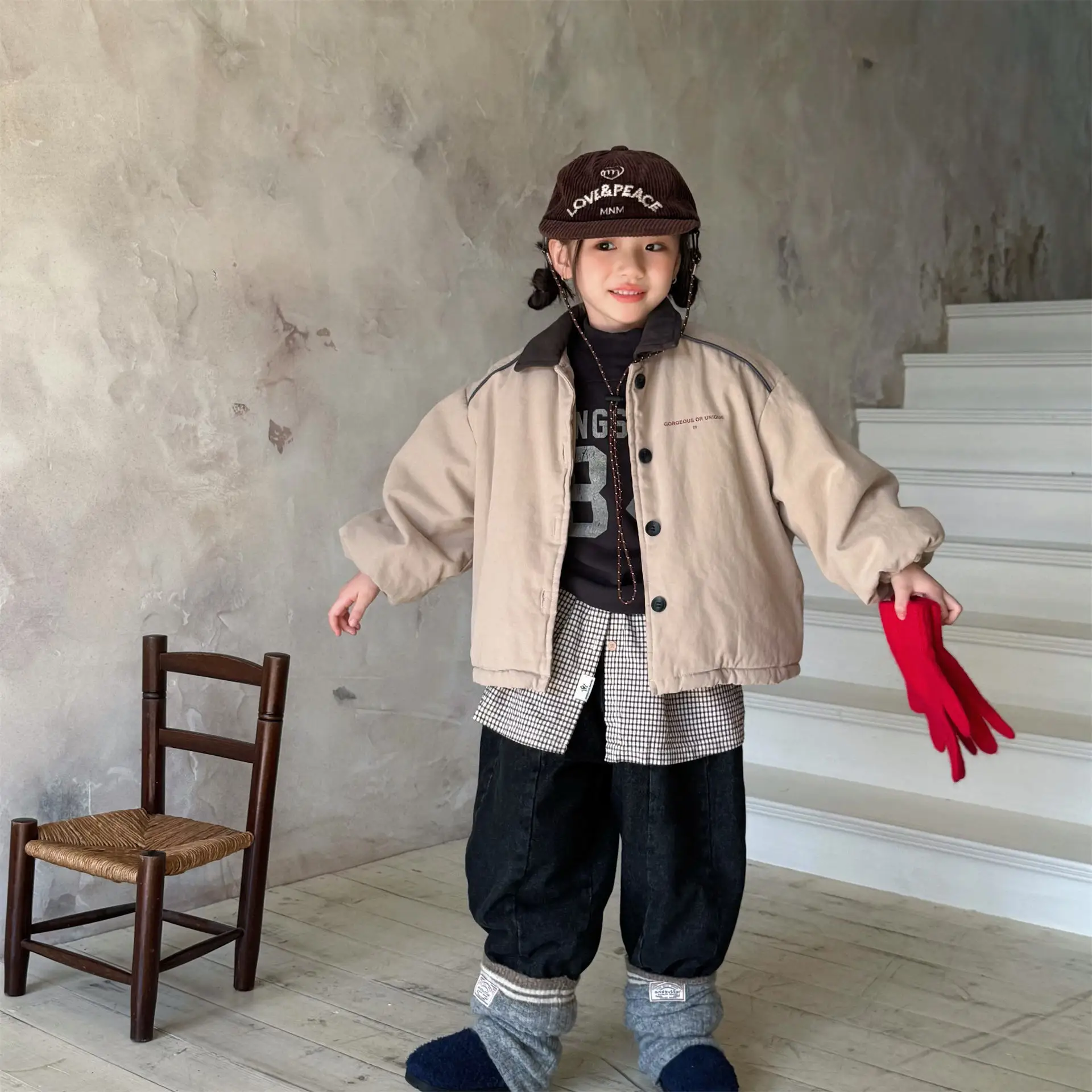 2025 Winter New Children Warm Coat Boys Girls Cotton Padded Jacket Baby Long Sleeve Lapel Cargo Jacket Solid Kids Clothes