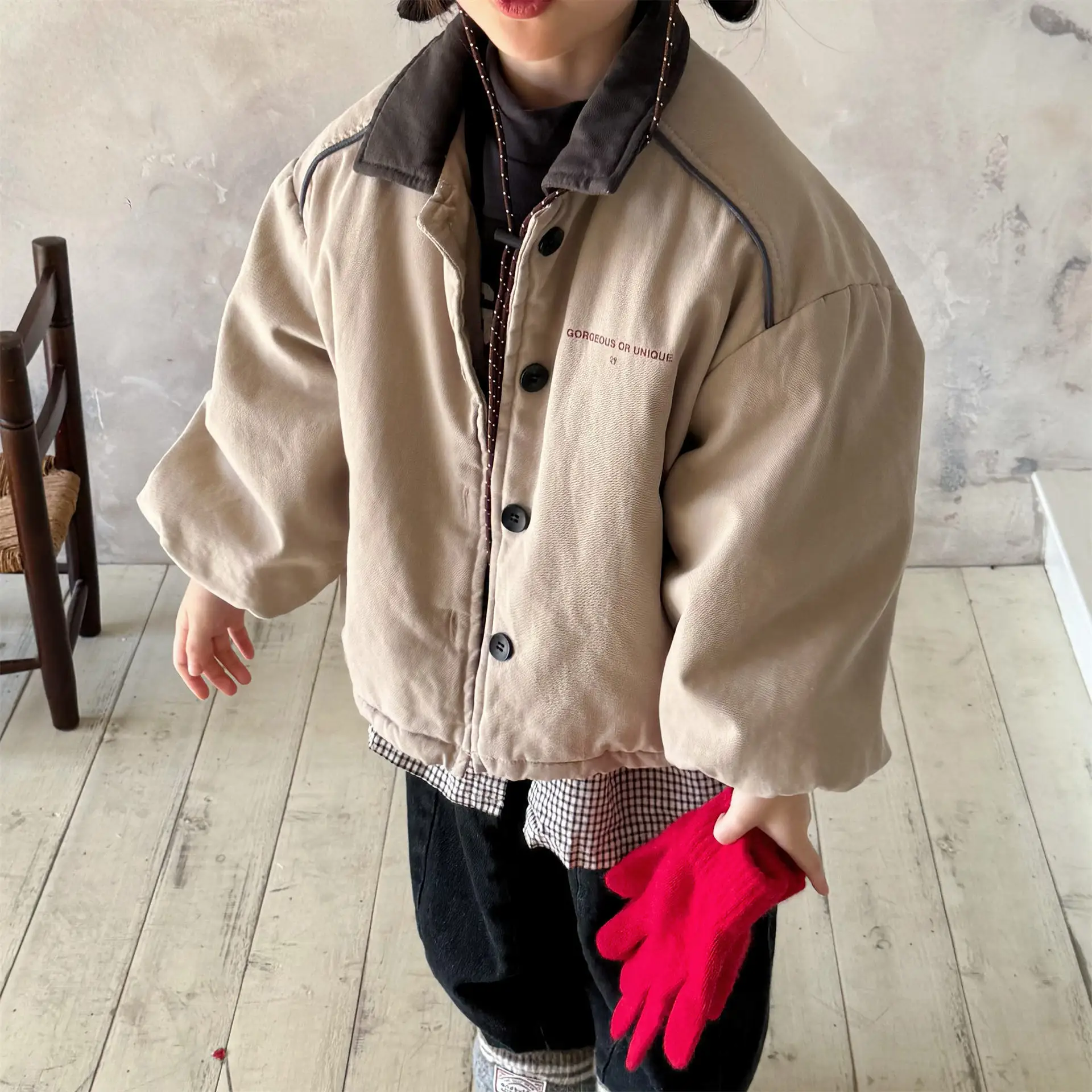 2025 Winter New Children Warm Coat Boys Girls Cotton Padded Jacket Baby Long Sleeve Lapel Cargo Jacket Solid Kids Clothes