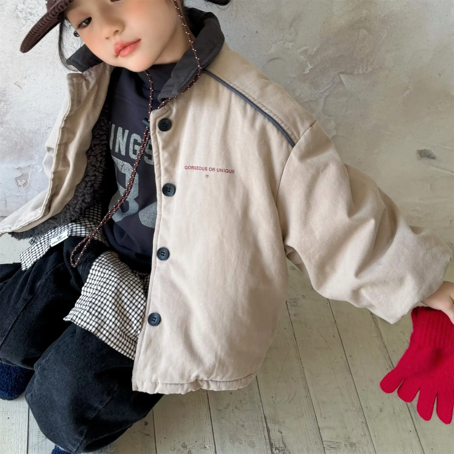 2025 Winter New Children Warm Coat Boys Girls Cotton Padded Jacket Baby Long Sleeve Lapel Cargo Jacket Solid Kids Clothes