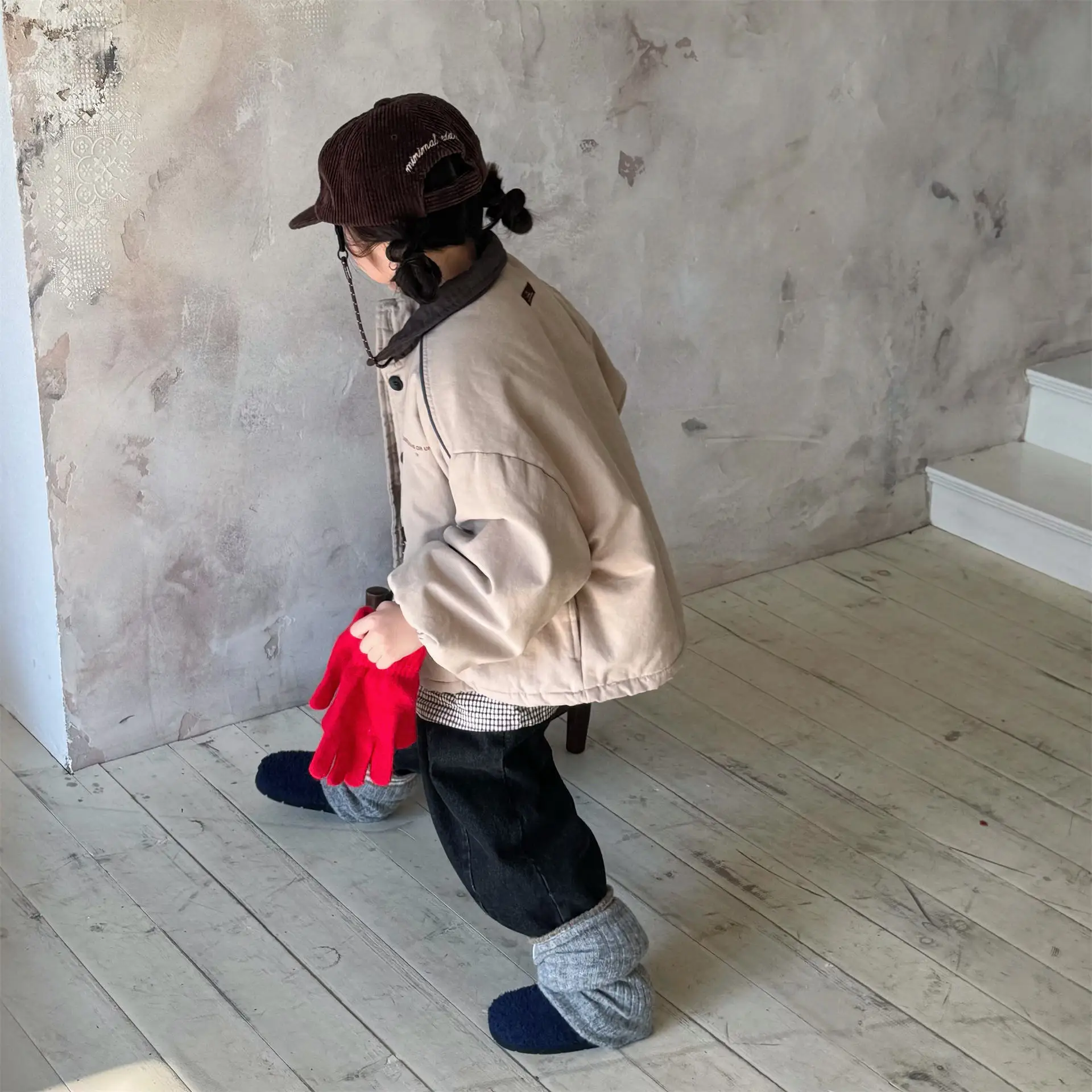 2025 Winter New Children Warm Coat Boys Girls Cotton Padded Jacket Baby Long Sleeve Lapel Cargo Jacket Solid Kids Clothes