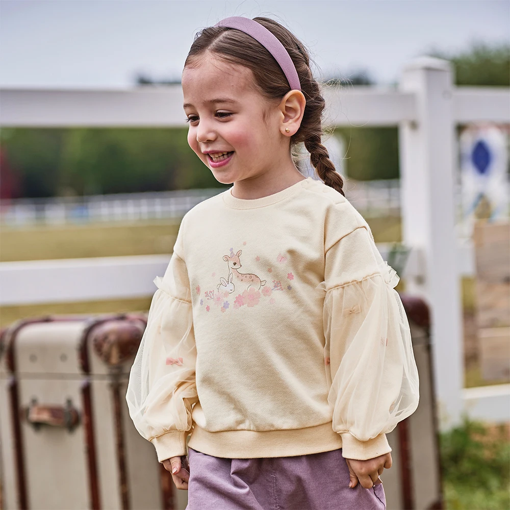 Dave Bella Autumn Children's Hoodie Sweet Cute Cartoon Rabbit Print Girls' Mesh Long Sleeves Sweatshirt Top Gentle DB3252848