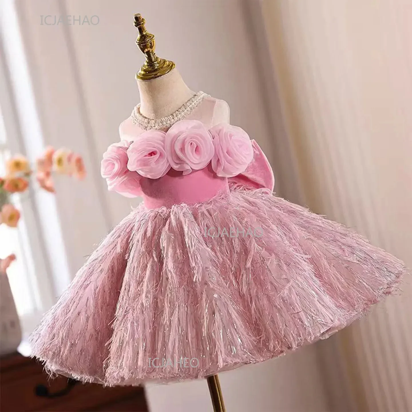 Pink Kids Girls Princess Dress Party Flower Wedding Children Birthday Puffy Gown Stage Host Model Show Pageant Formal Dresses