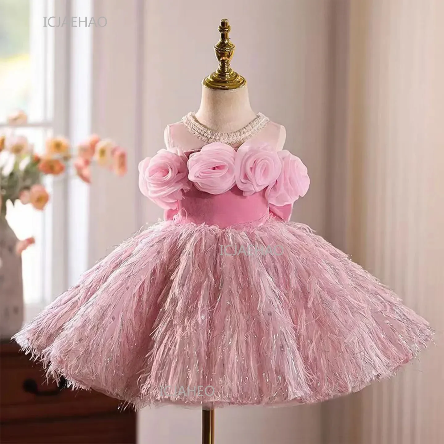 Pink Kids Girls Princess Dress Party Flower Wedding Children Birthday Puffy Gown Stage Host Model Show Pageant Formal Dresses