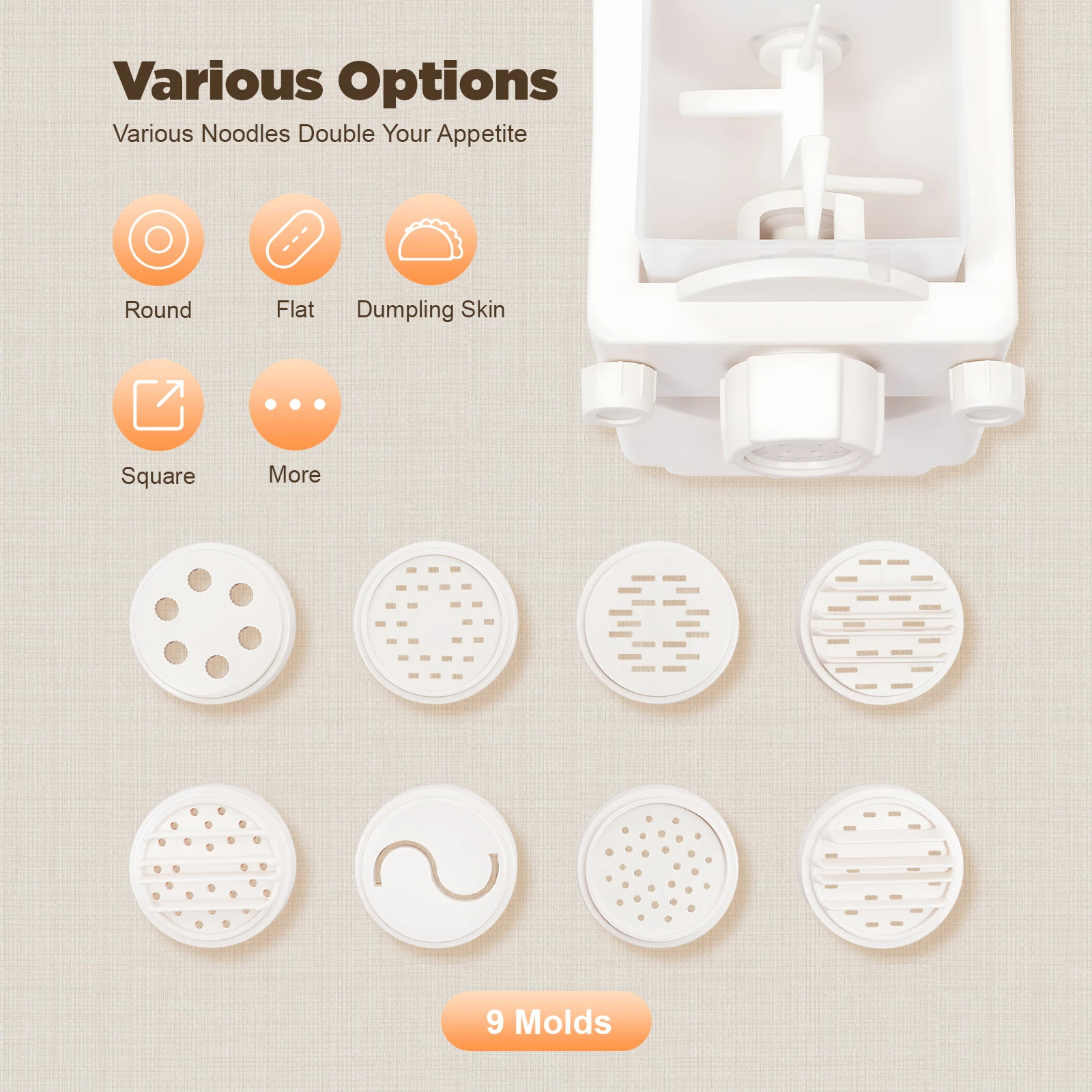 180W Electric Noodle Maker with 9 Replaceable Molds, Fast Mixing Non-toxic ABS Material,DIY Healthy Noodles Pasta for Family Use