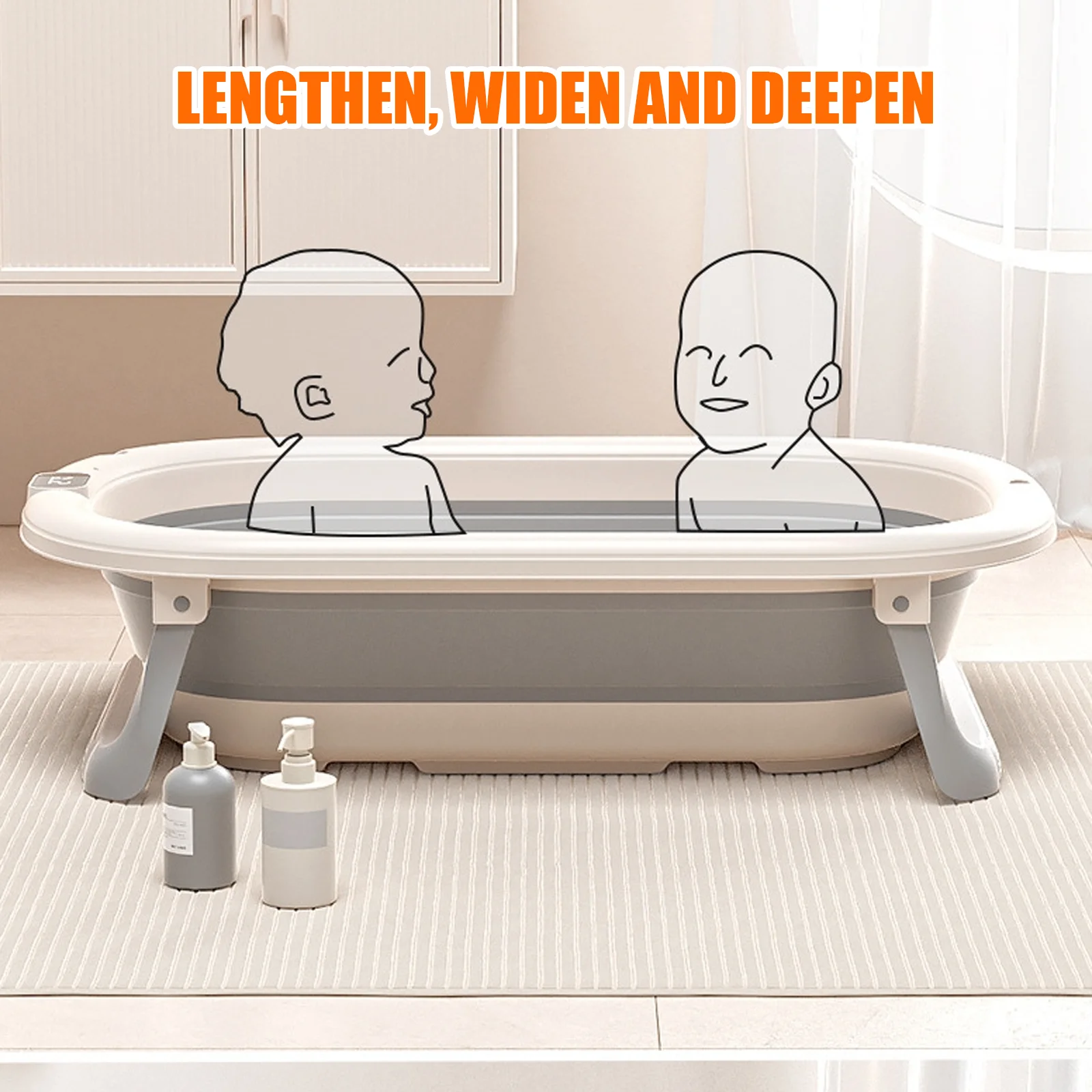 Foldable baby bath with bath mat, shower head connection & integrated thermometer - portable for babies from 0-36 months