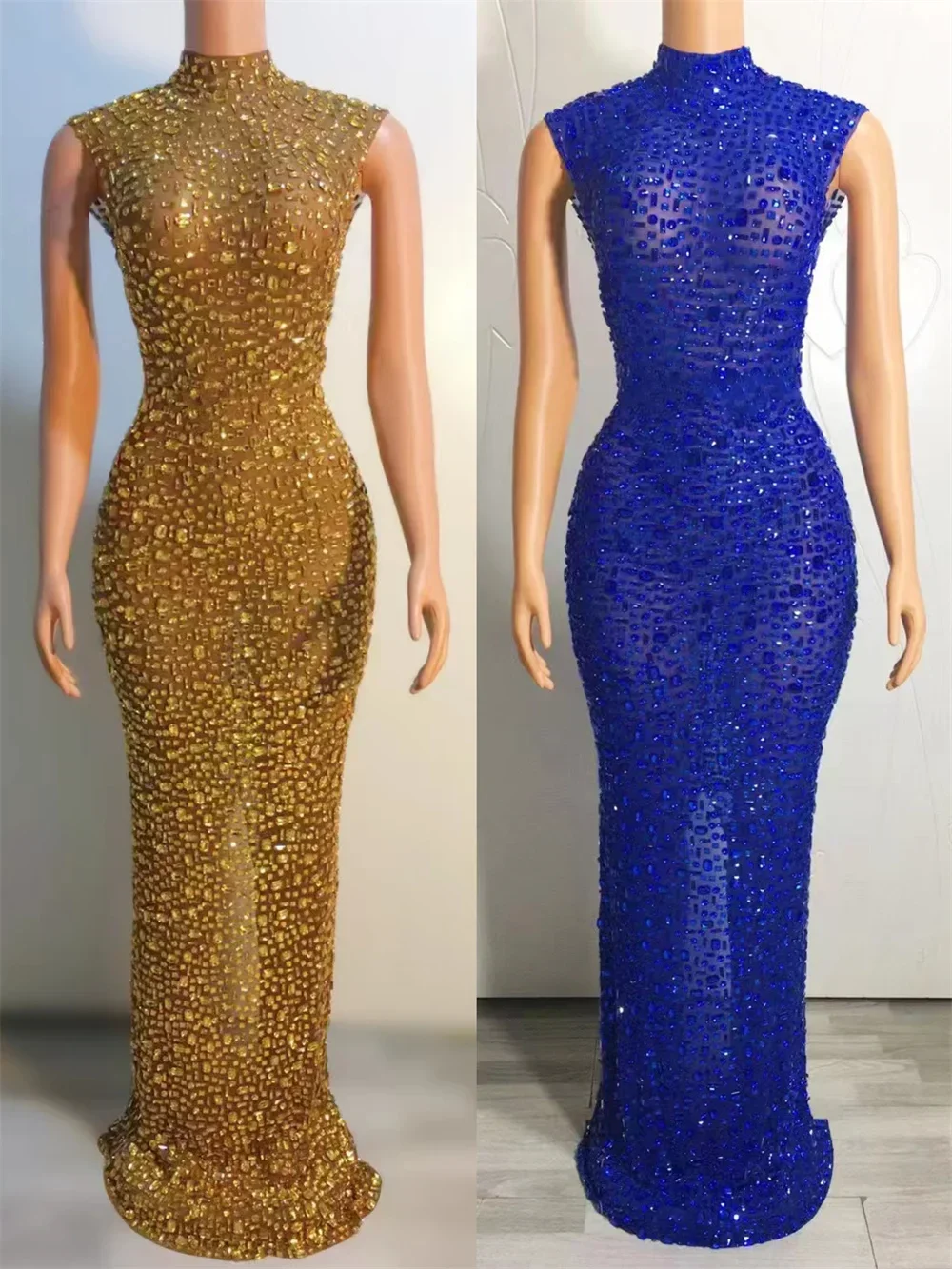 Hot Selling Long Gowns For Women Evening Dresses Gold Plus Size Elegant Rhinestone Diamond Luxury Studded Dress