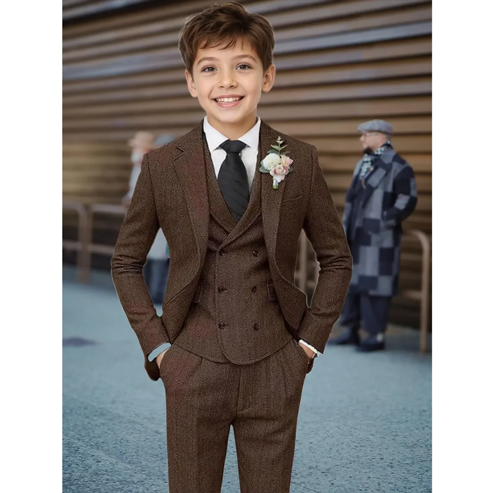Chic Herringbone Boy Suits 3 Piece Notch Lapel Tweed Slim Children Formal Tuxedos Casual Daily Wedding Party Kids Clothes