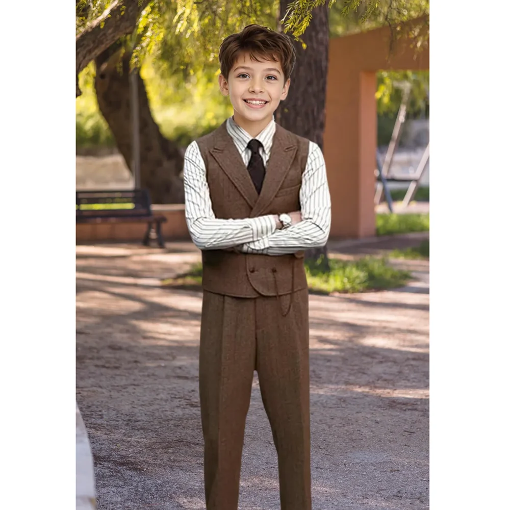 Chic Herringbone Boy Suits 3 Piece Notch Lapel Tweed Slim Children Formal Tuxedos Casual Daily Wedding Party Kids Clothes