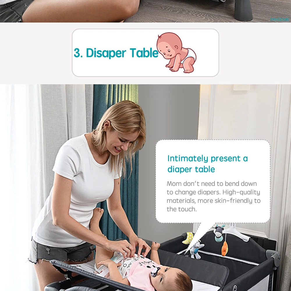 PANGDUBE 4-in-1 Foldable Baby Bedside Crib Newborn Bed Multifunctional Bassinet with Changing Table Convertible Baby Rocker